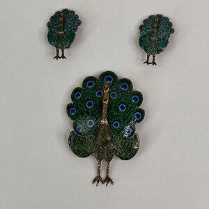 Vintage Peacock Brooch Pin & Earrings Set Sterling Siam Enamel Articulating